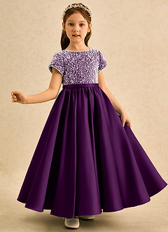 Azazie Cashew Flower Girl Dresses Grape Ball-Gown with Sleeves Matte Satin Dress image4
