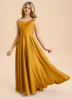 Azazie Popsy Junior Butterscotch A-Line Bow Stretch Satin Dress image1