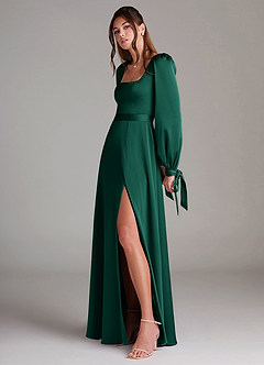 Azazie Leonia Robes de demoiselle d'honneur Robe Trapèze en Satin extensible Manche longue émeraude image5
