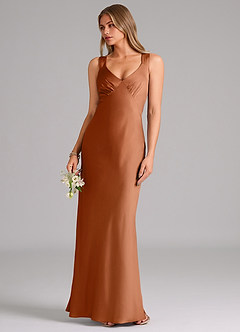 Azazie Kamila Bridesmaid Dresses Copper A-Line Pleated Stretch Satin Dress image5