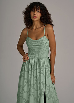 Azazie Lettie Robes de demoiselle d'honneur Robe Trapèze en Blumen-Burnout Corset Matcha image2