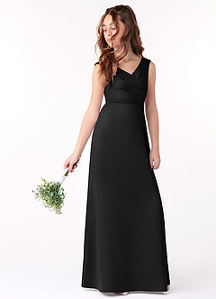 Azazie Sadia Junior Black A-Line Pleated Matte Satin Dress image1