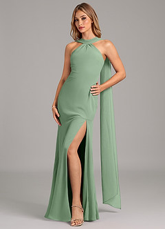 Azazie Kinsley Vestidos de damas de honor Vestido de Matcha de Gasa de Corte Sirena con Plisado image1