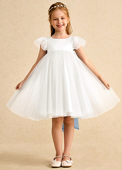 Azazie Munchkin Blumenmädchenkleider A-Linie Schleifen Tüll Kleid Elfenbein Blauhäher image2