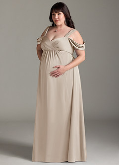 Azazie Rhea vestidos de dama de honor de maternidad Vestido de Corte En A Off The Shoulder Plisado Hasta el suelo Satén Elástico image11