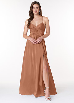 Azazie Raya Vestidos de damas de honor Vestido de Bronceador de Satén Elástico de Corte en A con Cuello en V Plisado image1
