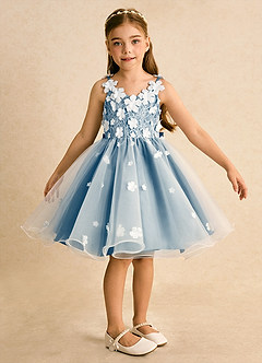 Azazie Junebug vestidos de niña de las flores Vestido de Marfil Azul Acero de Tul de Princesa con Encaje image6