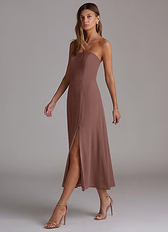 Azazie Wren 신부 들러리 드레스 A라인 스트랩리스 쉬폰 티 길이 드레스 image3