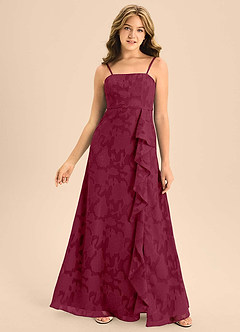 Azazie Kaylee Junior Burgundy A-Line with Belt Floral Burnout Dress image1