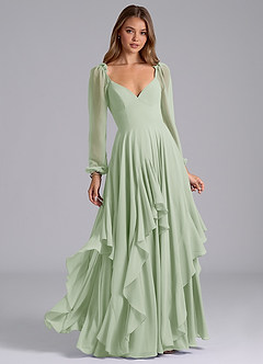 Azazie Karan Bridesmaid Dresses Dusty Sage A-Line Long Sleeve Chiffon Dress image1