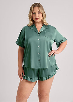 front Matching Color Ruffled Short Sleeve Pajama Set