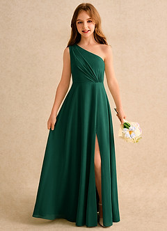 Azazie Puddles Girls Formal Robe Demoiselle D'honneur Fillette Robe Trapèze en Mousseline de soie Une épaule émeraude image1