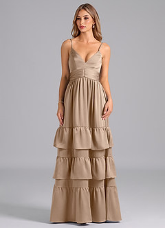 Azazie Nathalia Bridesmaid Dresses Taupe A-Line Pleated Stretch Satin Dress image3