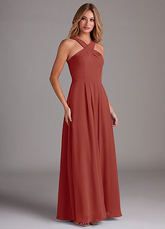 Azazie Dixie Abiti da Damigella Abito A-Line in Chiffon con Scollo Halter a Pieghe Terracotta image4