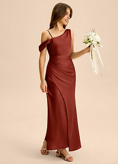 Azazie Madelyn Junior Abito Tubino in Raso Elasticizzato a Spalla Scoperta Terracotta image6