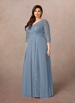 Azazie Noella Mère de la mariée Robes Robe Trapèze en Mousseline de soie Col V Dentelle Bleu Poussiéreux image10