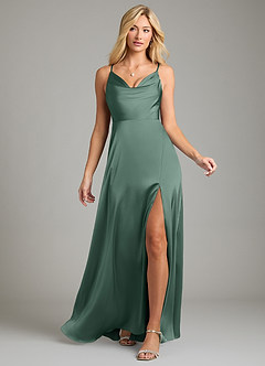 Azazie Sarella Bridesmaid Dresses Eucalyptus A-Line Pleated Stretch Satin Dress image6