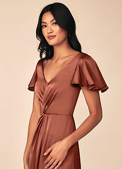Azazie Soren Bridesmaid Dresses Clay A-Line Pleated Stretch Satin Dress image7