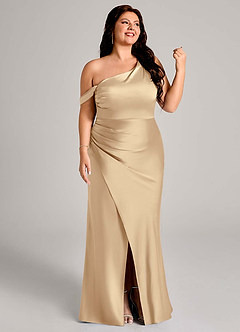 Azazie Madelyn Bridesmaid Dresses Champagne Mermaid One Shoulder Stretch Satin Convertible Dress image13