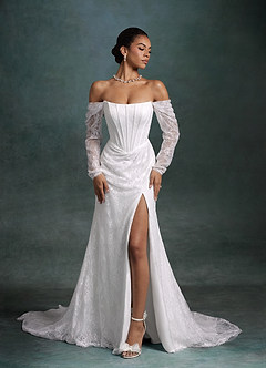 Azazie Zelda Wedding Dresses Diamond White Mermaid Side Slit Lace Dress image4