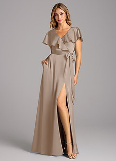 Azazie Lainey Bridesmaid Dresses Taupe A-Line with Pockets Stretch Satin Dress image3