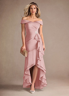 Azazie Billings Mother of the Bride Dresses Powder Pink Mermaid Off the Shoulder Stretch Satin Dress image1