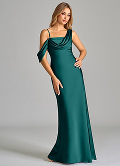 Azazie Celina Bridesmaid Dresses Peacock Sheath Off the Shoulder Stretch Satin Dress image1