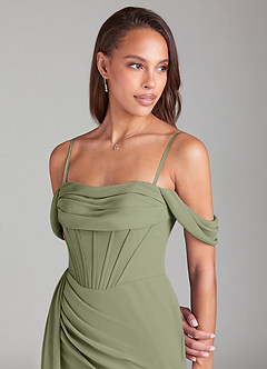Azazie Amyra Bridesmaid Dresses Pistachio Sheath Off the Shoulder Chiffon Convertible Dress image6