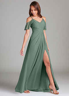 Azazie Dakota Bridesmaid Dresses Eucalyptus A-Line Off the Shoulder Mesh Dress image3
