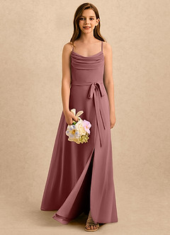 Azazie Jasslyn Girls Formal Robe Demoiselle D'honneur Fillette Robe Trapèze en Mousseline de soie Plissée Rose Du Désert image1