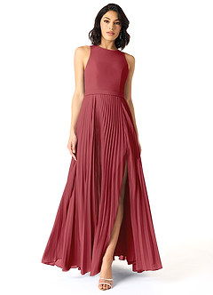 Azazie Lindie Bridesmaid Dresses Pomegranate A-Line Scoop Pleated Chiffon Dress image1
