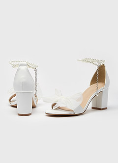 front Pearl Ankle Strap and Bow Block Heel Sandals