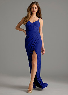 Azazie Maci Bridesmaid Dresses Royal Blue Sheath Pleated Mesh Dress image6