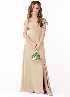 Azazie Bondi Junior Champagne A-Line Bow Chiffon Dress image1