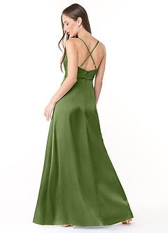 Azazie Naomie Vestidos de damas de honor Vestido de Enebro de Satén Elástico de Corte en A con Cuello V con abertura lateral image2
