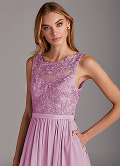 Azazie Elly Robes de demoiselle d'honneur Robe Trapèze en Mousseline de soie Encolure dégagée en dentelle Rose Bonbon image6