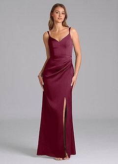Azazie Leo Final Sale Mulberry Sheath Pleated Stretch Satin Dress image1