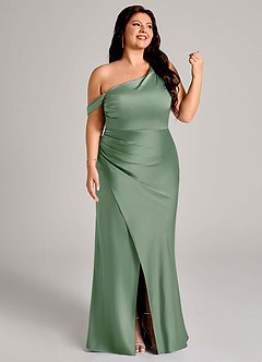 Azazie Madelyn Vestidos de damas de honor Vestido de Matcha de Satén Elástico de Corte Sirena Convertible con Hombro unilateral image13