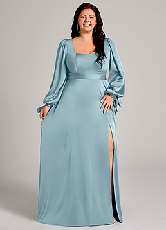 Azazie Leonia Robes de demoiselle d'honneur Robe Trapèze en Satin extensible Manche longue Bleu Maussade image11