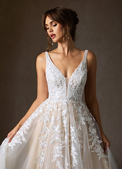 Azazie Sorella Wedding Dresses Diamond White Champagne A-Line V-Neck Sequins Tulle Dress image8