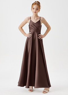 Azazie Avelina Junior Ganache A-Line Pleated Stretch Satin Dress image3
