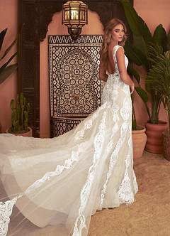 Azazie Delvita Robes de mariée Robe Sirène en Tulle Col V à paillettes Diamant Blanc Champagne image3