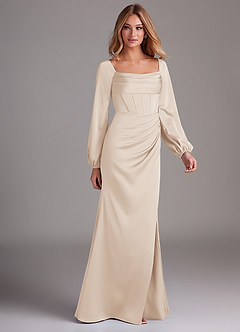 Azazie Charissa Bridesmaid Dresses White Alabaster Sheath Long Sleeve Stretch Satin Dress image6