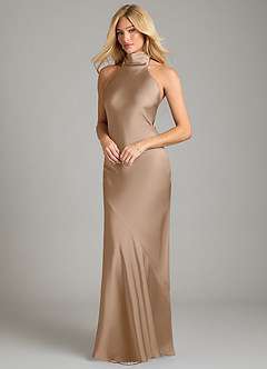 Azazie Velli Bridesmaid Dresses Taupe Mermaid High Neck Stretch Satin Dress image1