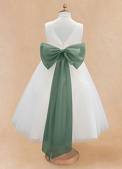 Azazie Kavi Flower Girl Dresses Ivory Eucalyptus A-Line Bow Matte Satin Dress image8