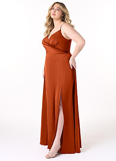 Azazie Dalilah Bridesmaid Dresses Paprika A-Line V-Neck Pleated Stretch Satin Dress image8