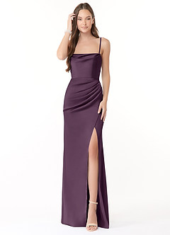 Azazie Leonis Robes de demoiselle d'honneur Robe Sirène Convertible en Satin extensible Plissée Prune image1