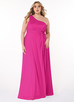 Azazie Brooke Vestidos de damas de honor Vestido de Fucsia de Malla de Corte En A con Hombro unilateral image6