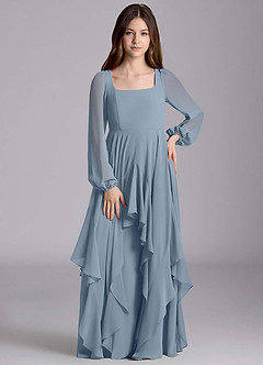 Azazie Clara Junior Jurk van Chiffon met A-Lijn Blouson Stoffig Blauw image5