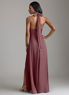 Azazie Tracie Bridesmaid Dresses Sangria A-Line Side Slit Stretch Satin Dress image2